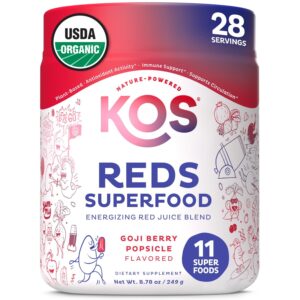Authentic KOS Reds Superfood Powder, a goji berry popsicle flavored blend with 11 superfoods. 100% USDA Organic.