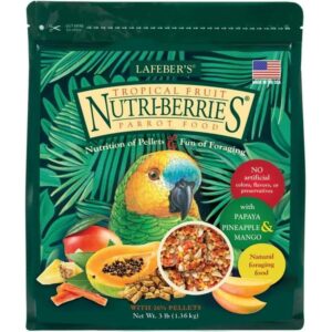 LAFEBER'S Tropical Fruit Nutri-Berries offers authentic nutrition with no artificial additives, perfect for parrot foraging.