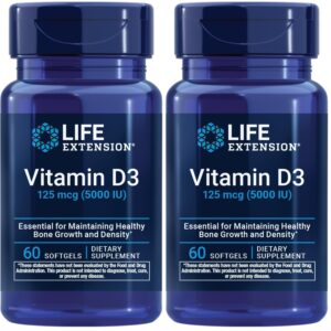 Authentic Life Extension Vitamin D3, 125 mcg, 60 softgels, essential for healthy bone growth and density.