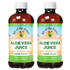 Authentic Lily Of The Desert Aloe Vera Juice, 32 oz bottles, gluten-free and non-GMO dietary supplement for wellness.