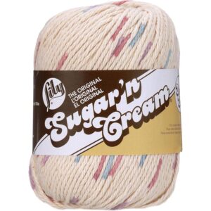 100% Genuine Lily Sugar'n Cream Ombres Yarn in cream with colorful speckles, perfect for your crafting projects.
