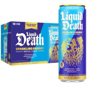 Discover Liquid Death Sparkling Energy Tropical Terror, a 100% authentic energy drink with unique tropical flavor, 12 oz can.