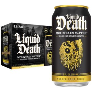Authentic Liquid Death Mountain Water, 12 cans of sparkling drinking water, quench your thirst with unique flavor.