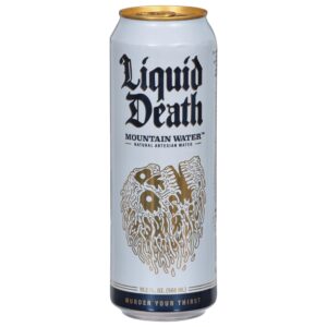 Authentic Liquid Death Still Water in a sleek can, featuring bold graphics. Quench your thirst with pure mountain water.