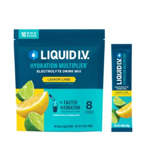 Authentic Liquid I.V. Hydration Multiplier in Lemon Lime flavor, 16 on-the-go sticks for faster hydration.
