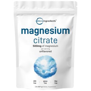 100% genuine magnesium citrate powder, 500mg per serving, unflavored, GMO-free, gluten-free, filler-free.