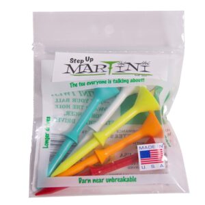 Durable plastic Martini Golf Tees in vibrant colors, a premium import favored by golfers. Available at Curat Cart.