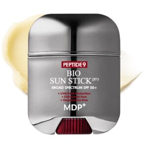 MDP+ Peptide 9 Bio Sunstick offers broad spectrum SPF 50+ protection. A premium import available at Curat Cart for skincare enthusiasts.