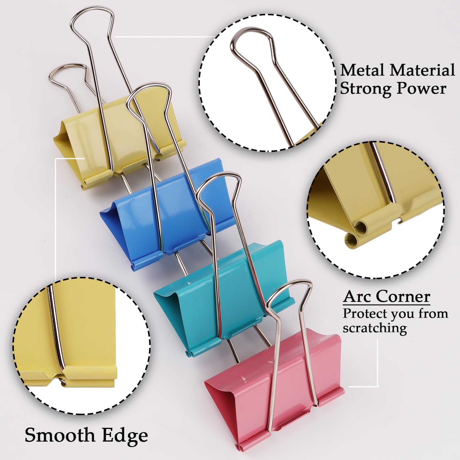 Premium Colored Binder Clips in official packaging, featuring smooth edges and durable metal material for strong grip. Available at Curat Cart.