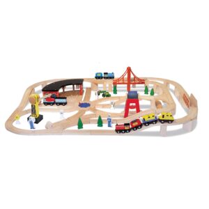 Explore the authentic Melissa & Doug Wooden Railway Set, featuring vibrant tracks, vehicles, and engaging scenery for hours of imaginative play.