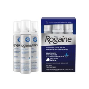 Men's Rogaine Hair Regrowth Foam, 100% genuine, clinically proven to stimulate hair regrowth with three cans included.