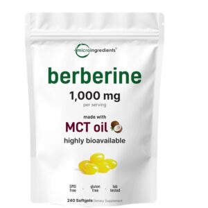 Authentic Micro Ingredients Berberine Supplement with MCT oil, 1000 mg per serving, 240 softgels, GMO and gluten free.