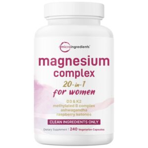 100% Genuine Micro Ingredients Magnesium Complex for women, featuring D3, K2, and raspberry ketones in 240 vegetarian capsules.