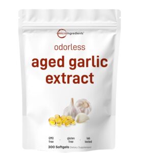 100% genuine Micro Ingredients odorless aged garlic extract softgels, 300 count, GMO-free and gluten-free.
