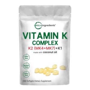 Micro Ingredients Super Vitamin K Complex, a premium imported dietary supplement with coconut oil, available at Curat Cart.