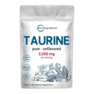 Premium imported Micro Ingredients Taurine Powder, 2000 mg per serving, gluten free and pure, available at Curat Cart.
