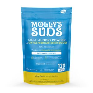Molly's Suds premium imported laundry powder with oxygen brightener, featuring peppermint and lemon. Available at Curat Cart.