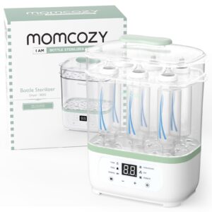 Momcozy Bottle Sterilizer and Dryer, a premium import from Curat Cart, efficiently sterilizes bottles for safe feeding.