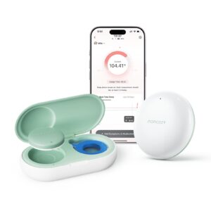 Momcozy Wearable Digital Thermometer, a premium import, with app interface for real-time temperature readings. Available at Curat Cart.