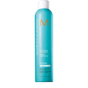 Authentic Moroccanoil Luminous Hairspray in a turquoise bottle, offering medium hold for a natural finish. Perfect for all hair types.