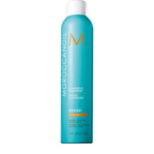 100% Genuine Moroccanoil Luminous Hairspray in a vibrant turquoise bottle for a strong, natural finish.