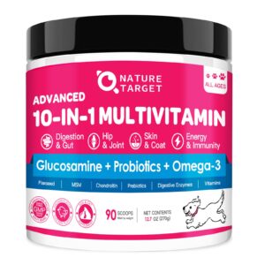 Nature Target Dog Vitamins Powder, a premium import featuring glucosamine, probiotics, and omega-3 for all ages, available at Curat Cart.
