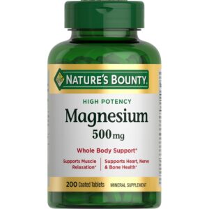 Nature's Bounty Magnesium 500mg tablets, 200 count, supports muscle relaxation and heart health. 100% genuine product.