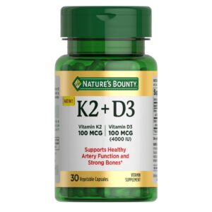 100% Genuine Nature’s Bounty Vitamin D3 K2 supplement. Supports healthy artery function and strong bones.