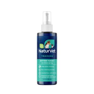 Premium imported NaturVet Bitter Yuck No Chew Spray, deters chewing with an alcohol-free formula. Available at Curat Cart.