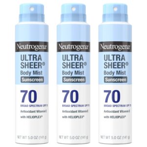 Authentic Neutrogena Ultra Sheer Sunscreen Spray, SPF 70, with antioxidant Vitamin E and Helioplex for superior sun protection.