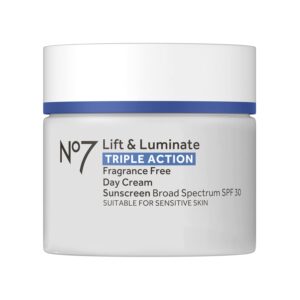 Discover the authentic No7 Lift & Luminate Face Cream, a fragrance-free day cream with SPF 30, perfect for sensitive skin.