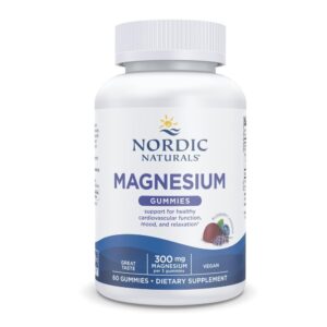 Authentic Nordic Naturals Magnesium Gummies bottle; 300 mg per serving, supports relaxation and mood with great taste.