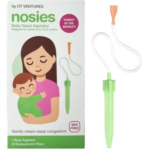 Nosies New Born Baby Aspirator, a premium import designed for infants 0-6 months, available at Curat Cart. Gently clears nasal congestion.