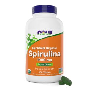 Authentic NOW Foods Organic Spirulina Tablets, 1000 mg, 300 count, certified organic dietary supplement for health.