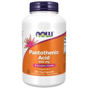 NOW Foods Pantothenic Acid 500 mg bottle featuring 250 veg capsules. 100% genuine supplement available at CuratCart, India.