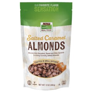 NOW Foods Salted Caramel Almonds, 100% Genuine, crafted in small batches, offering a delicious sweet and salty snack.