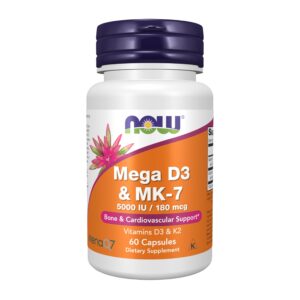 100% genuine NOW Foods Mega D-3 & MK-7, 60 capsules for bone and cardiovascular support. Authentic dietary supplement.