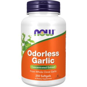 Authentic NOW Foods Odorless Garlic Extract in softgel form, offering concentrated benefits from whole clove garlic.