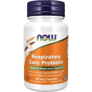 100% genuine NOW Foods Respiratory Care Probiotic in a 60-capsule bottle, ideal for seasonal respiratory support.