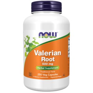 100% Genuine NOW Foods Valerian Root 500 mg herbal supplement in 250 veg capsules for relaxation and sleep support.