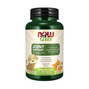 NOW Pet Health Joint Support for dogs and cats, featuring 90 chewable tablets in a genuine, veterinarian-formulated product.