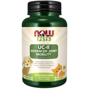Discover Now Pets UC-II Advanced Joint Mobility, a 100% genuine supplement for dogs and cats, featuring 60 chewable tablets.