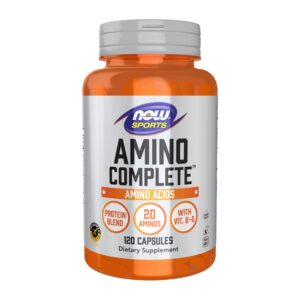Now Sports Nutrition Amino Complete capsules, featuring 20 amino acids and Vitamin B-6. 100% genuine dietary supplement.