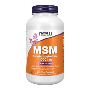 Authentic NOW Supplements MSM Joint Health with 240 veg capsules, supports healthy cartilage and connective tissue.