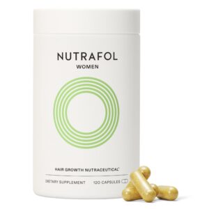 Nutrafol Women Hair Growth Supplements in a sleek bottle with 120 capsules, promoting authentic hair growth support.