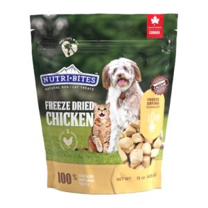 Nutri Bites Freeze Dried Chicken Treats, a premium imported snack for pets, packed with natural flavor and nutrition. Available at Curat Cart.