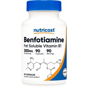 Nutricost Benfotiamine 300mg capsules, 90 count, authentic dietary supplement for enhanced wellness.