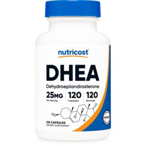 Nutricost DHEA Supplement, 25mg per serving, 120 capsules. 100% genuine dietary supplement for wellness.
