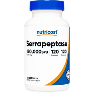 Nutricost Serrapeptase Capsules, premium imported dietary supplement with 120 capsules for enhanced wellness. Available at Curat Cart.