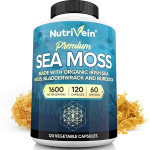 Nutrivein Organic Irish Sea Moss, a premium imported health supplement with 120 vegetable capsules, available at Curat Cart.